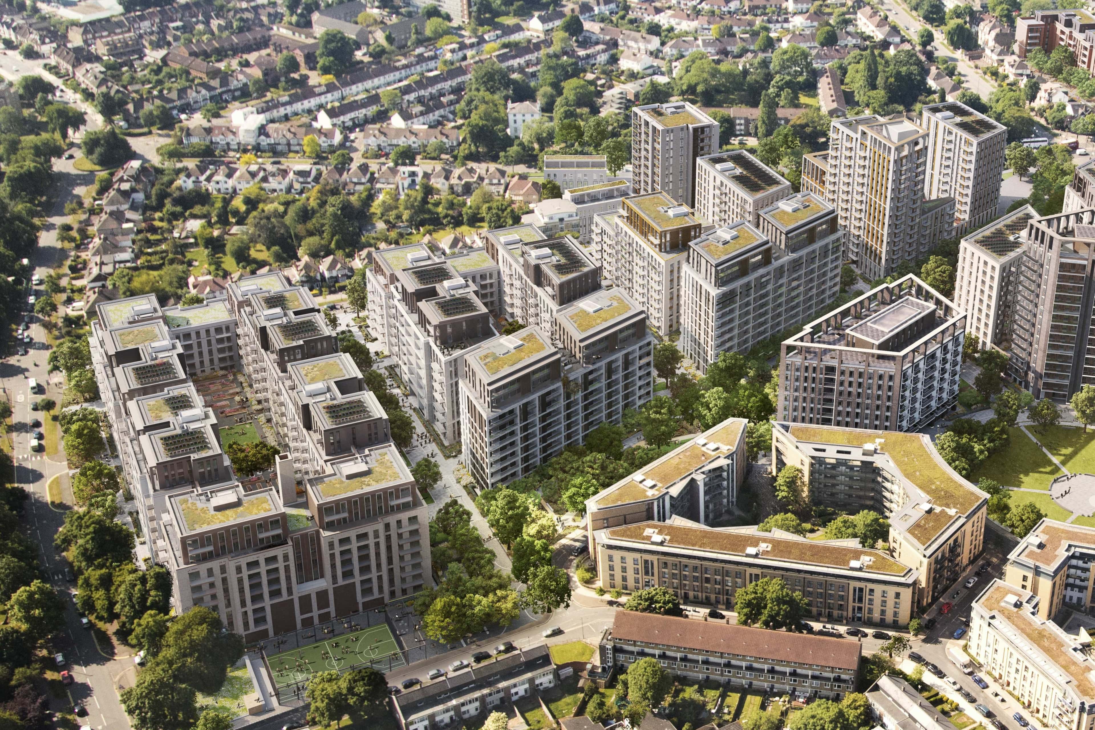 An aerial view of Clapham Park, London